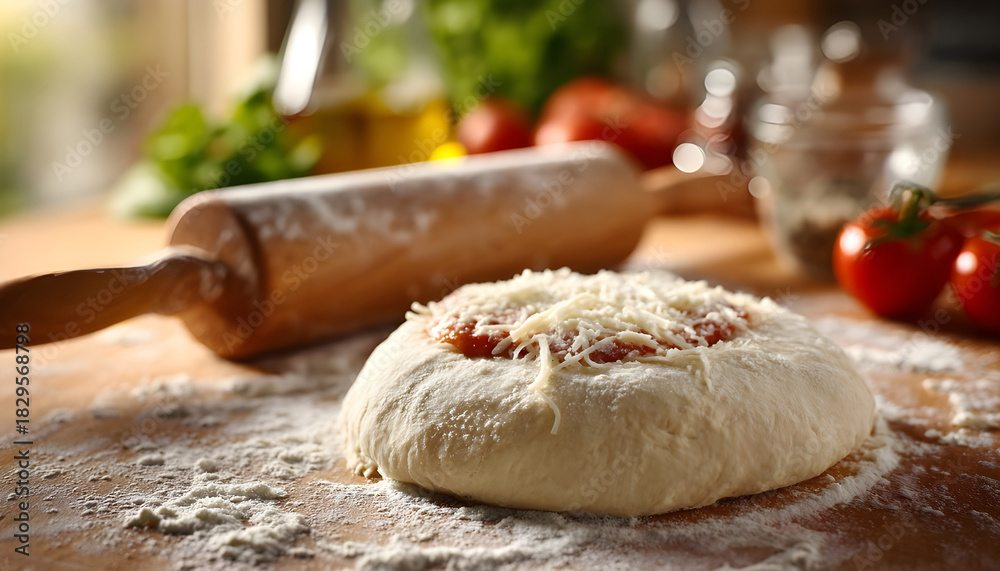 Fototapeta premium Freshly made raw pizza dough on a home kitchen table with pizza toppings like cheese, meat and tomato sauce on it. White flour around it on the table and a rolling pin in the bokeh blurry background.