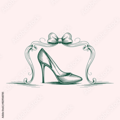 Vintage green etched high heel shoe with ornate bow and frame on pale pink background engraving illustration