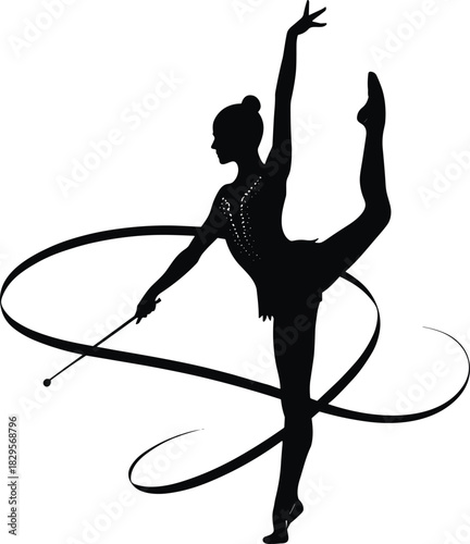 Rhythmic gymnast silhouette—vector of ribbon routine with high leg extension, balance, and flowing motion