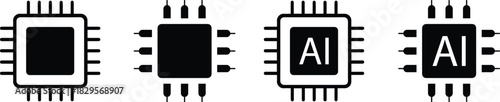 A set of black microchip and AI processor icons representing digital technology