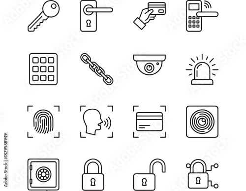 a collection of security icons depicting keys locks cards fingerprint scans surveillance and access control all in a line style silhouette on transparent background high quality