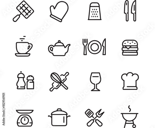 a collection of culinary icons including kitchen tools cookware food items and dining essentials perfect for design projects on transparent background silhouette high quality professional detailed