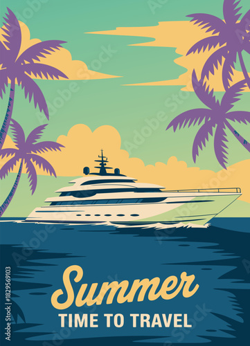 Speedboat trip poster retro with boat on ocean, tropical cruise, palms, and summertime travel vector illustration