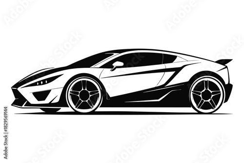 Striking monochrome showcases a sleek sports car with prominent wheels and sharp lines