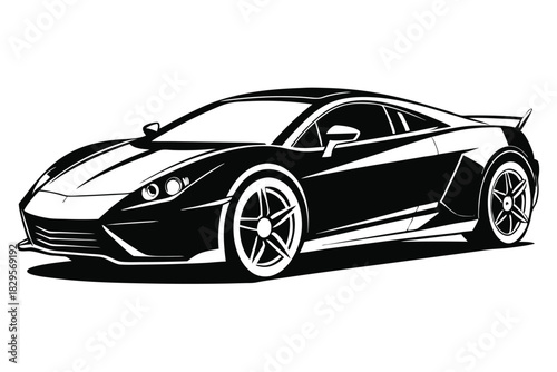 Modern super car is artistically stylized with bold black and white contrast shading
