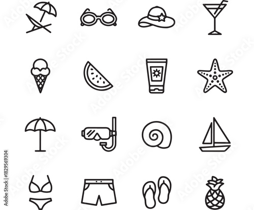 a collection of minimalist summer themed icons including sunglasses a beach umbrella ice cream and a pineapple on transparent background silhouette high quality professional detailed modern