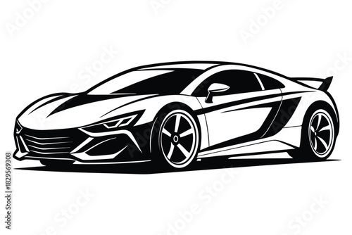 Sleek monochrome illustration portrays a modern sports car with sharp lines and dynamic silhouette