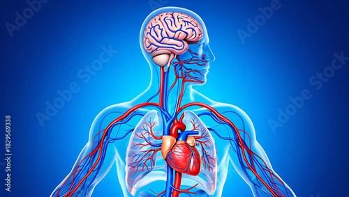 Human circulatory system and brain with heart and lungs on blue background body anatomy