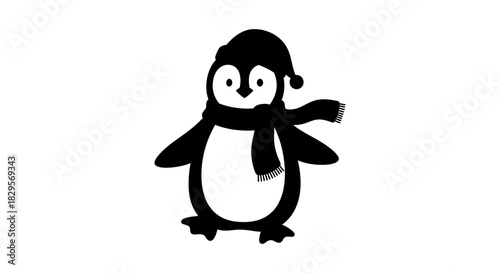 Cartoon penguin wearing a hat and scarf, standing on a white background.