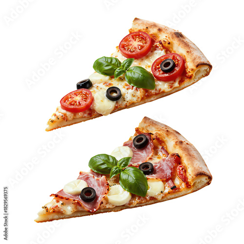 Two pizza slices with fresh toppings
