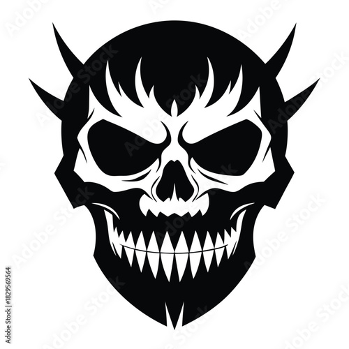 In a sinister monochrome artwork, a horned demon skull is intensely rendered