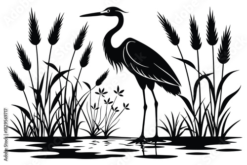 Solitary heron silhouette stands peacefully among tall wetland grasses in reflective monochrome water