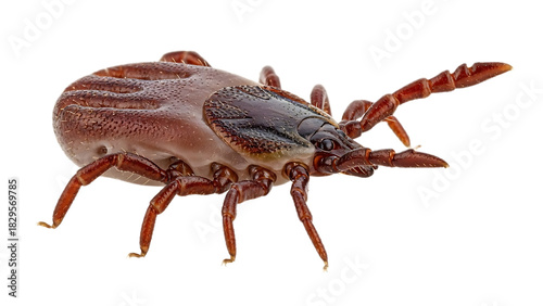A detailed close up of a brown tick with visible legs and body structure on a black background