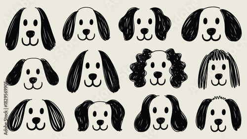 A collection of twelve hand drawn dog faces with varying ear styles and expressions in black and white
