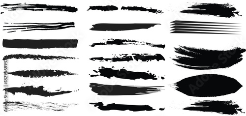 Abstract collection of grunge paint brush strokes, black ink lines, and dirty texture elements.