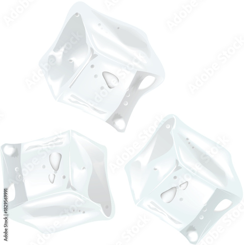 Three clear, slightly melting ice cubes floating on a plain white background.