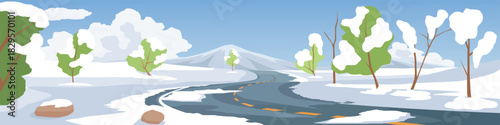 Horizontal or Landscape view of asphalt curved road. Road that passes through a snow covered path. Trees growing Day time. Snow covering the road in winter.