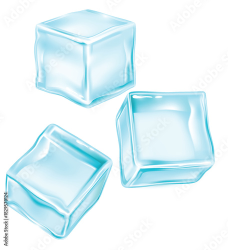 Three light blue, slightly melting ice cubes isolated on a white background.
