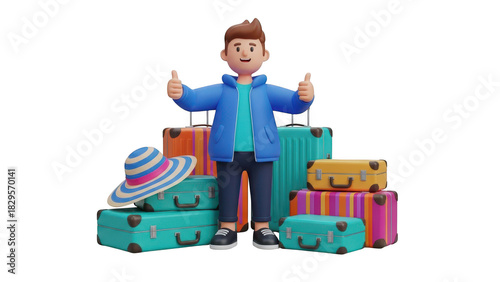 3d cartoon character man standing happily with many colorful travel suitcase luggage bags and a sun hat isolated on transparent background