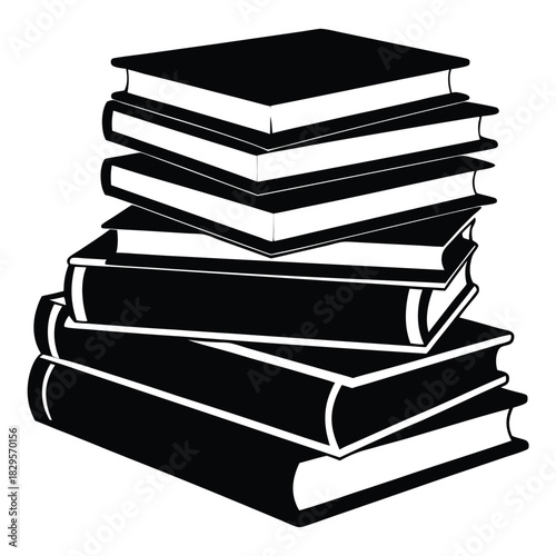 A monochrome stack of books create abstract shapes in a vertical composition