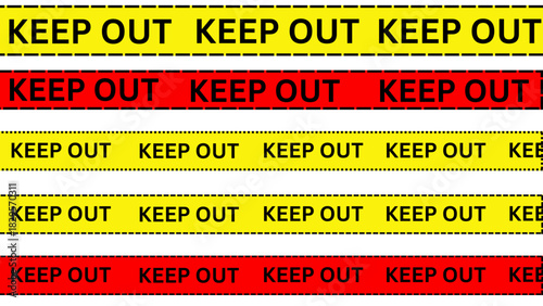 Illustrations of caution tape read "KEEP OUT". There are five illustrations, three are yellow, and two are red.

