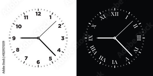 Vintage and modern clock faces Roman numerals and retro hands. clock dial with hours, minutes, and seconds hands.
