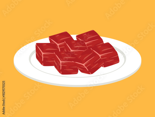 Fresh diced beef cubes meat on white plate clipart icon food ingredient vector illustration
