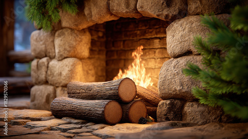 Fototapeta Naklejka Na Ścianę i Meble -  Cozy farmhouse fireplace with burning firewood and Christmas decor near stone hearth surrounded by pine branches in warm 3d illustrator style