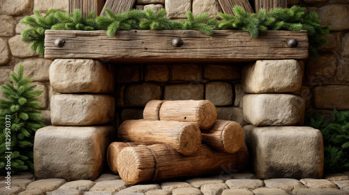 Fototapeta Naklejka Na Ścianę i Meble -  Farmhouse Christmas decor with 3d wood logs and stone fireplace design illustrated by illustrator creating warm festive atmosphere