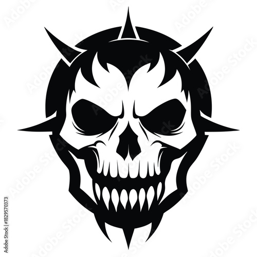 Black and white skull encircled by sharp spikes creates an intimidating and dangerous look