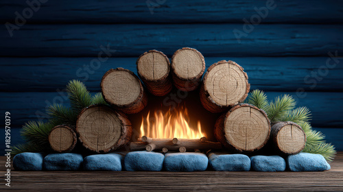 Fototapeta Naklejka Na Ścianę i Meble -  Cozy farmhouse fireplace with burning fire surrounded by stacked wood logs and pine branches creating warm Christmas decor in 3d illustrator style