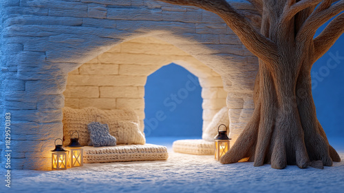 Fototapeta Naklejka Na Ścianę i Meble -  Cozy farmhouse scene with warm lantern light and knitted decor near large tree in 3d illustrator style perfect for christmas ambiance