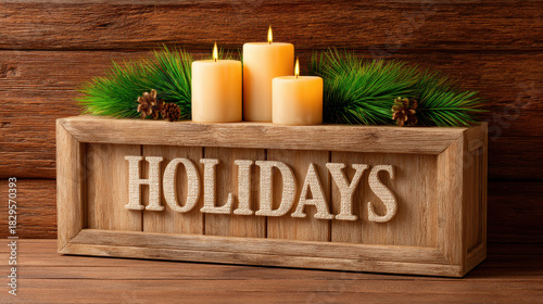 Fototapeta Naklejka Na Ścianę i Meble -  Warm farmhouse Christmas decor with 3d wooden holidays sign and burning candles creating cozy festive illustrator style atmosphere