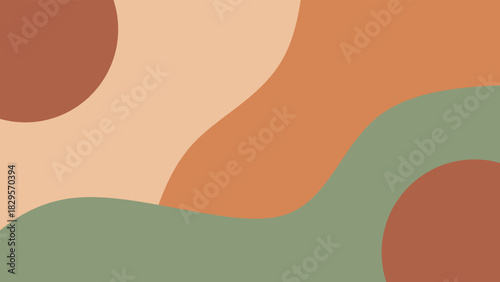 Abstract boho background with organic fluid shapes in earth tones in terracotta, brown, sage green, and cream. Minimalist wavy background.