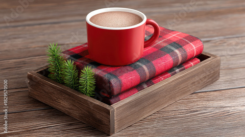 Fototapeta Naklejka Na Ścianę i Meble -  Cozy farmhouse Christmas decor with red cup of hot chocolate on plaid fabric and small pine branches in wooden tray 3d illustrator style