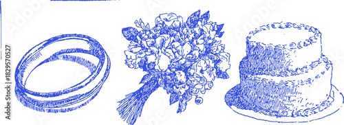 A blue and white drawing of a ring, a bouquet of flowers, and a cake. The ring is on the left, the bouquet is in the middle. vector illustration