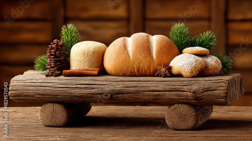 Fototapeta Naklejka Na Ścianę i Meble -  Farmhouse Christmas decor with fresh bread and cookies rustic wooden stand surrounded by pine cones and green pine branches warm light 3d
