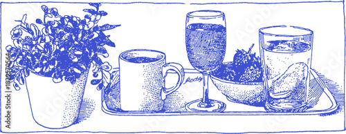 A blue and white drawing of a tray with a cup, a wine glass, a bowl, and a potted plant. vector illustration
