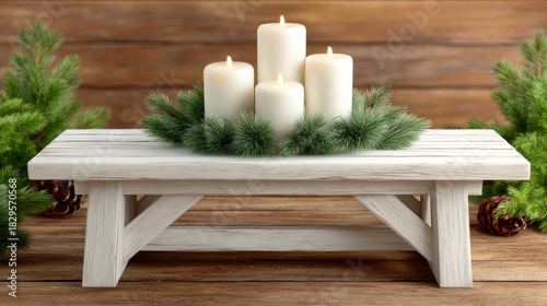 Fototapeta Naklejka Na Ścianę i Meble -  White farmhouse table decorated with Christmas candles and green pine branches creating warm cozy decor in 3d illustrator style for festive season