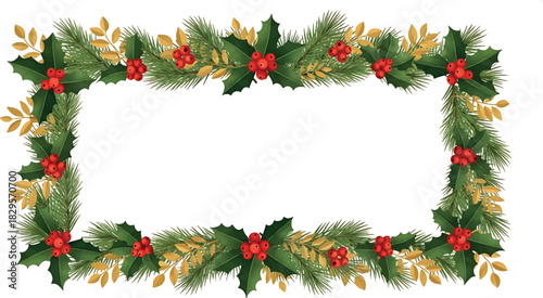 Festive Christmas Holiday Border Frame Illustration with Green Fir Branches, Vibrant Red Holly Berries, and Golden Foliage for Seasonal Greetings and Decorations
