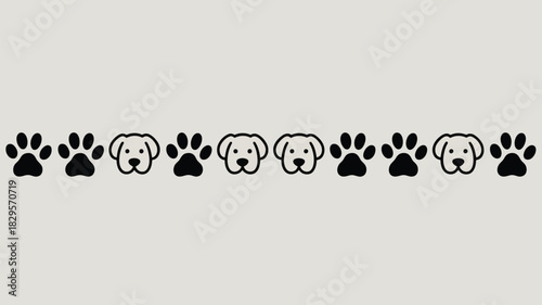 A repeating pattern of black dog paw prints and dog head outlines on a light gray background