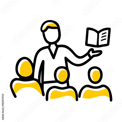 Teacher presenting book to students in classroom setting  