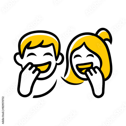 Young children laughing joyfully while covering their mouths  