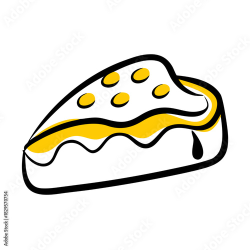 Traditional king cake slice with yellow icing and toppings  