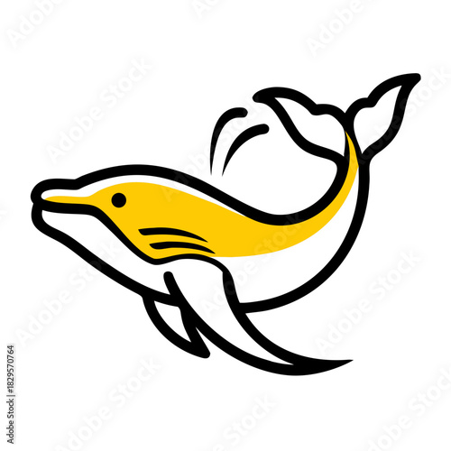 Cartoon whale breaching with yellow and black outlines in ocean  