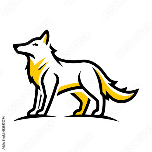 Stylized wolf illustration in black and white with yellow accents  