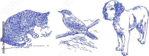 A cat is sitting on a branch. A dog is standing. vector illustration