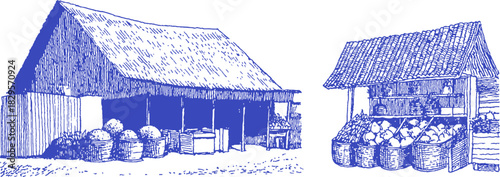 A blue and white drawing of a building with a roof and a sign that says "Grocery". vector illustration