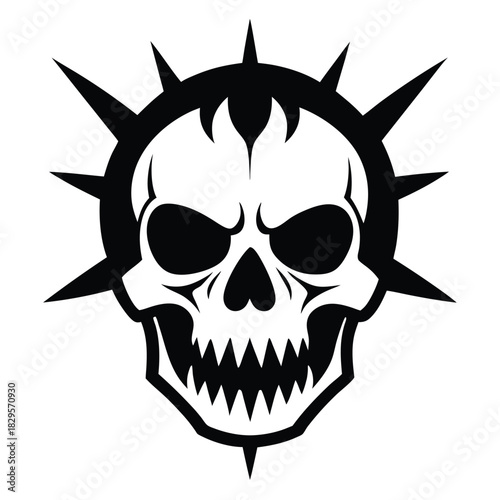 Isolated stylized skull encircled by spikes in black and white creates a menacing graphic