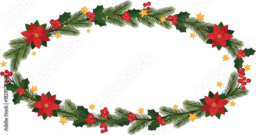 Festive oval Christmas wreath frame with red poinsettia flowers, holly berries, and golden stars for holiday invitations or greetings